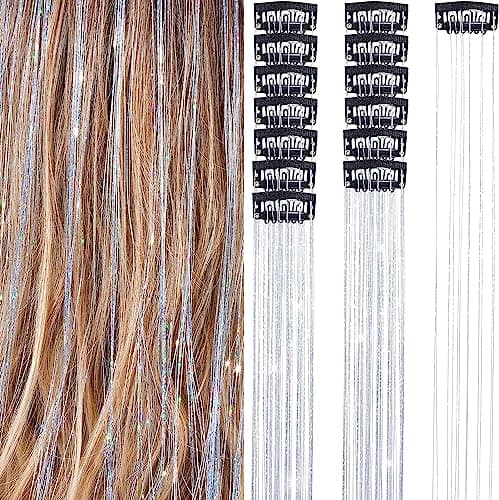 Hair Tinsel 12Pcs Clip in Hair Tinsel Extensions 20.5 Inch Fairy Hair Tinsel Kit for Girls Women Kids Glitter Hair Accessories for Christmas Halloween Cosplay Party (Siver) - Image 1