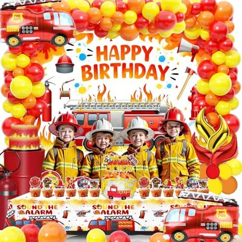 Fire Truck Birthday Party Decorations Kit – Fire Truck Balloon, Firefighter Theme Supplies with Backdrop, Table Cover, Cake Toppers, Balloons for Kids & Boys Rescue Party - Thumbnail 2