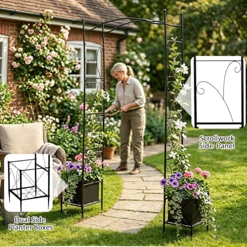 Garden Arch Arbor with Planters 93" Outdoor Metal Garden Trellis - Thumbnail 3