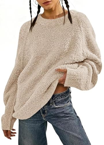 UNCLECAT Womens Oversized Sweater 2025 Fall Trendy Fuzzy Crew Neck Long Sleeve Casual Tunic Sweaters Beige - Thumbnail 4