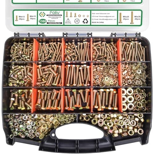 Foliv 1580pcs Metric Bolt Assortment, M4 M5 M6 M8 Nuts and Bolts Assortment Kit, Grade 8.8 Alloy Steel with Yellow Zinc Plated, Length from 12-30mm - Image 1