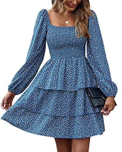 BTFBM Womens Long Sleeve Dress Vacation Square Neck Smocked Floral Swiss Dot Mini Boho Spring Wedding Guest Dresses 2026(Floral Royal Blue, X-Large) - Image 1