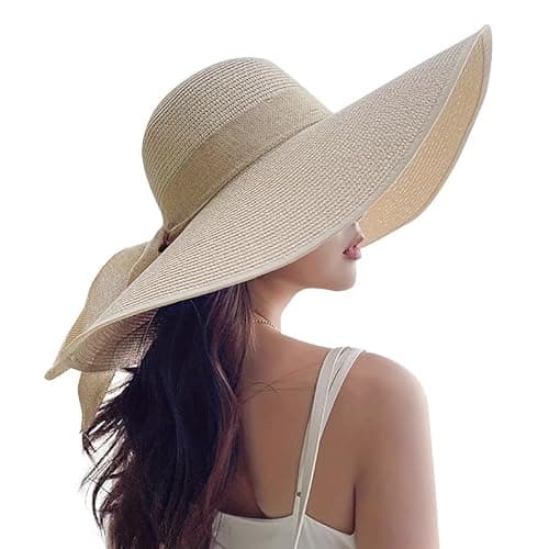 Beach Hats for Women - Beach Hat Womens UPF 50+, Packable Sun Hat Women Roll Up, Wide Brim Straw Hat for Women, Beige - Image 1