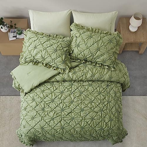 BEDAZZLED King Size Comforter Sets, Green Bedding Comforter Set, 3 Pieces Pinch Pleat Bedding Sets with Comforter and Pillowcases Soft Farmhouse Shabby Chic Comforter for All Season - Thumbnail 6