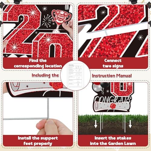 Graduation Yard Signs Class of 2026, 4 Pcs Large Red Graduation Decorations 2026 for Lawn High College School, Congrats Grad Sign for Indoor Outdoor Grad Party Decorations 2026 Backdrop Decor Supplies - Thumbnail 4