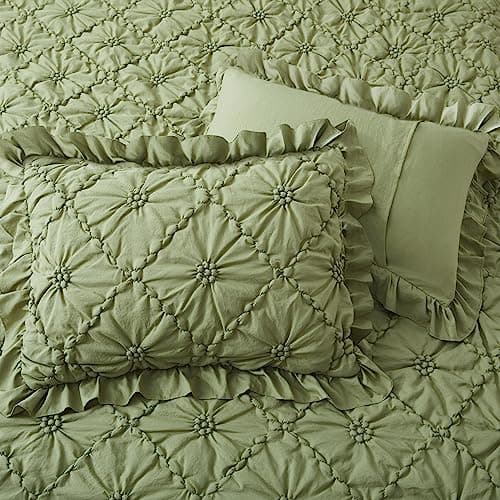 BEDAZZLED King Size Comforter Sets, Green Bedding Comforter Set, 3 Pieces Pinch Pleat Bedding Sets with Comforter and Pillowcases Soft Farmhouse Shabby Chic Comforter for All Season - Thumbnail 4