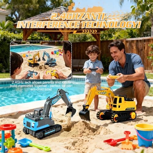 DOUBLE E Remote Control Excavator Toy, 2*Batteries 2.4GHz RC Excavator, 6-in-1 Digging/360° Rotation, 20M Range Sandbox Construction Toys Birthday Gift for Boys/Kids 6+ Years - Thumbnail 5