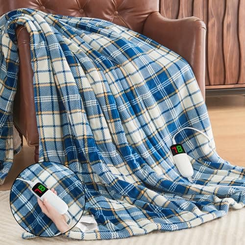 Blue Heated Blanket Electric Throw 50X60 Heating Throw with 10 Levels 8 Hours Auto Off, Plaid Sherpa Blanket Winter Warmer, Christmas Housewarming Gifts for Women Mom, Home Decor for Couch Bed Office - Image 1