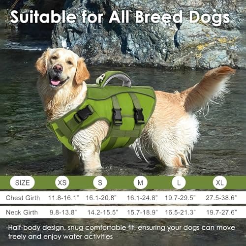 Dog Life Jacket, High Buoyancy Dog Life Vest with Handle for Swimming Boating, Adjustable Swimming Vest with Reflective Trim for Small Medium Large Dogs - Army Green, L - Thumbnail 6