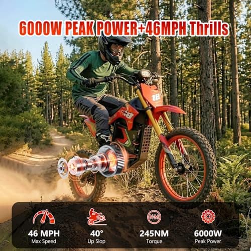 HAPPYRUN F18 Electric Dirt Bike Mid-Drive Motor 6000W Peak, Electric Motorcycle 60V 30Ah Removable Battery, 60-Mile Range, 46mph, Dual Hydraulic Brakes & Full Suspension Electric Motorcycle - Thumbnail 2