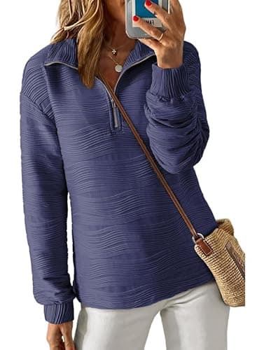 Dokotoo Womens Half Zip Pullover Long Sleeve Sweatshirts for Women Quarter Zip Sweaters TextuNavy Blue Sandalwood Tops Teen Girls Fall Jackets Winter Outfits Clothes Navy Blue Sandalwood Large - Image 1