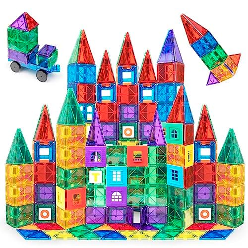 Playmags 150-Piece Magnetic Tiles Building Set – 3D Magnet Building Blocks Creative Imagination, Inspirational, Educational STEM Toys for Kids with 1 Car