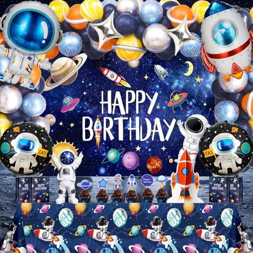 Outer Space Theme Birthday Party Decorations - Galaxy Party Supplies : Happy Birthday Backdrop, Tablecloth, Rocket ，Astronaut Balloons and Multi-color Balloons .Caketopper for Kids Boys
