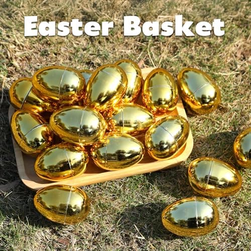 Skirfy 24PCS Golden Easter Eggs, Empty 3.15" Golden Eggs Bulk Fillable for Easter Hunt Party Favor Basket Stuffers Filler Classroom Prize Supplies Decor - Thumbnail 4