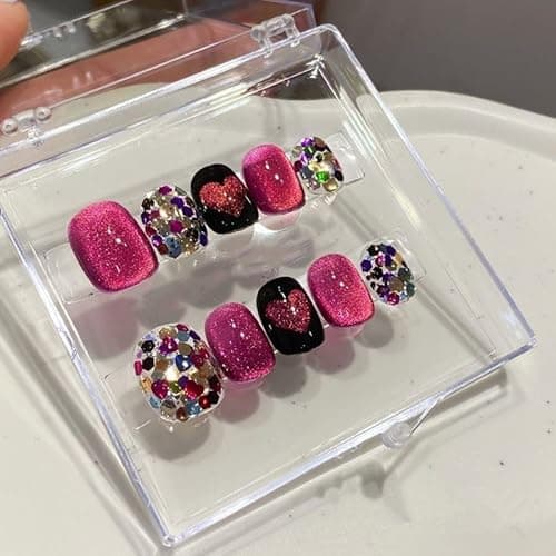 Short Square Press on Nails - Handmade Manicure Art Reusable False Nails 10pcs with Solid Nail Glue, Nail Adhesive Tabs, Strong Nail Glue (120-Medium)
