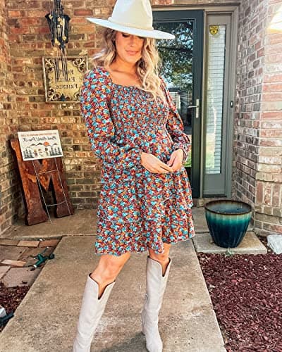 BTFBM Womens Long Sleeve Dress Vacation Square Neck Smocked Floral Swiss Dot Mini Boho Fall Wedding Guest Dresses 2025(Floral Blue Orange, Large) - Thumbnail 5