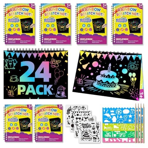 HXDOGSP Scratch Art for Kids: 24 Pack Rainbow Scratch Paper Party Favors - Art Crafts Notebook Suitable for Birthday Gifts/School Crafts Kit/Classroom Prizes for Girls and Boys Aged 4-12 - Image 1