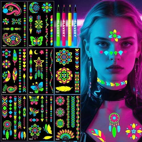 Glow in the Dark Temporary Tattoo Markers for Face Paint, 4PCS UV Neon Body Markers + 8 Sheets Temporary Tattoo Stencil for Adult, Flexible Brush Tip, Cosmetic Tattoo Pen, DIY Body Art Set - Image 1