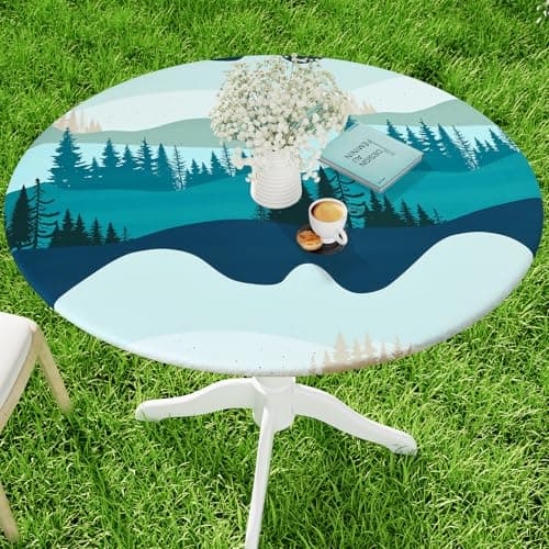 Moosfor Spandex Elastic Fitted Round Tablecloth for 45"-56" Tables, Stretch Washable Reusable Table Cover for Outdoor Picnic, Camping, Dining, Kitchen, Patio and Party, Forest - Image 1