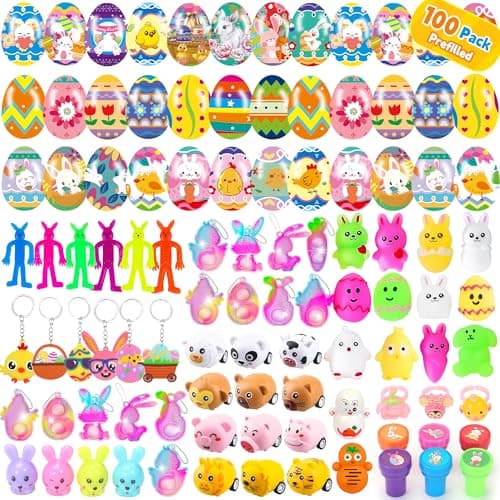 PLOUGVI 100 Pcs Prefilled Easter Eggs with Toys, Filled with Toys Party Favors for Kids Boys Girls Easter Eggs Hunt, Basket Stuffers Fillers, Classroom Prize Supplies - Image 1