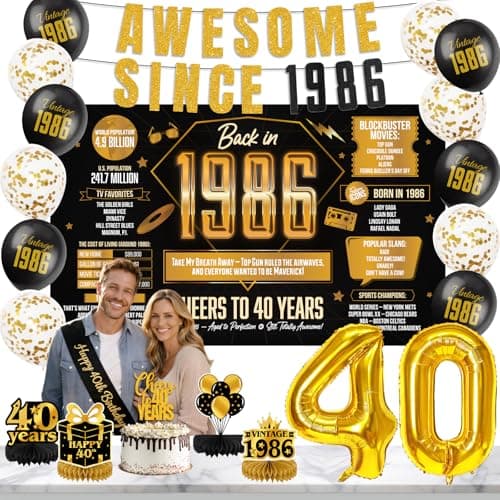 Vintage 40th Birthday Decorations for Men,Awesome Since 1986 Black Gold Backdrop Banner with Balloons, Retro Back in 1986 Party Decorations for Him, Husband, Dad - Image 1