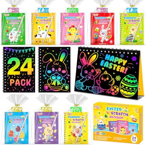 FEREDO KIDS Party Favors for Kids: 24 Pack Easter Rainbow Scratch Art Notebook Classroom School Supplies Bulk for Girls Boys Goodie Bags Stuffers, Return Gifts for Birthday Party Gift Kid Crafts