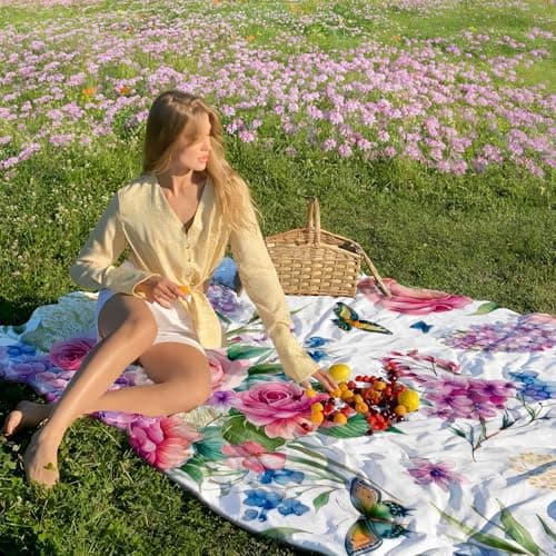 yuboo Spring Floral Throw Blanket, Soft Flannel Blanket Gifts for Women Wife Flower Lovers, Decorations for Home Bed Sofa Couch Chair Business Travel Home Ornaments, 50 x 60 Inch - Thumbnail 6