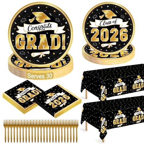 122 Pcs 2026 Graduation Decorations Serves 30, Disposable Graduation Decor Congrats Grad Tableware Set, Blackgold Class of 2026 Decorations Grad Plates and Napkins Forks Tablecloth for Party Favors - Image 1