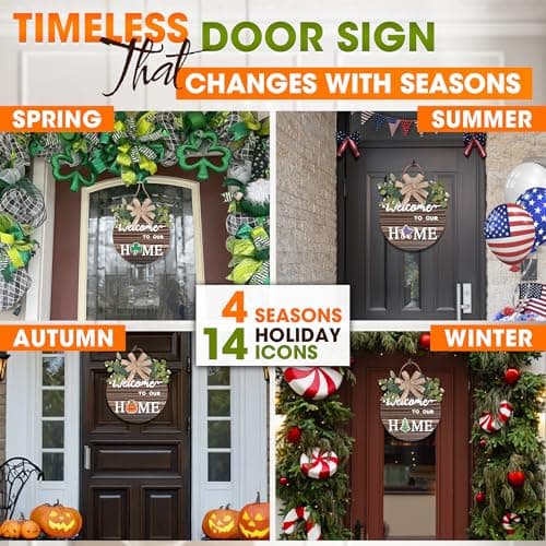 Interchangeable Welcome Sign – Welcome Signs for Front Door, Rustic Fir Wood with Hanging Cord & Metal Hook, Includes 14 Magnetic Changeable Icons – For Holiday, Year-Round Porch & Indoor Decoration - Thumbnail 6