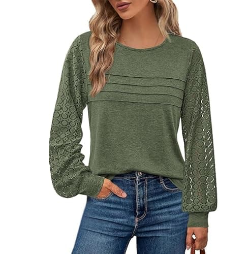 BTFBM Women's Long Sleeve Shirts Dressy Lace Fall Tops 2026 Trendy Business Casual T-Shirts Cute Work Outfits Blouses(Army Green, X-Large) - Image 1