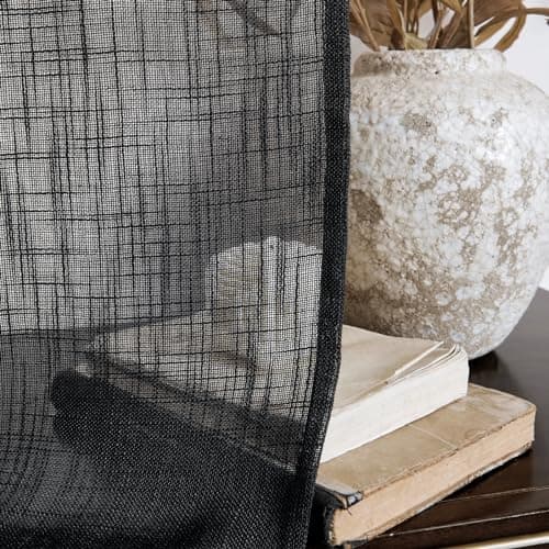 Home Queen Linen Look Tie Up Valance Curtain, Burlap Valences for Home Decoration, Length Adjustable Sheer Drape for Office and Bedroom, 4 Pieces, Black - Thumbnail 5