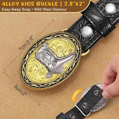 Kids Western Belt for Boys Girls Embossed Cowboy Cowgirl Genuine Leather Kid Western Buckle Belts for Jeans Gifts - Thumbnail 4