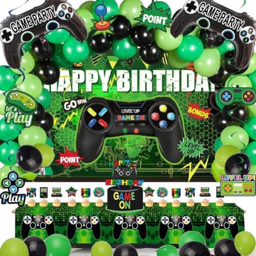 Video Game Birthday Party Decorations Kit – 77PCS Gamer Supplies with Backdrop, Hanging Swirls, Foil Balloons, Table Cover, Cake Topper for Boys Kids Game Theme Party - Image 1