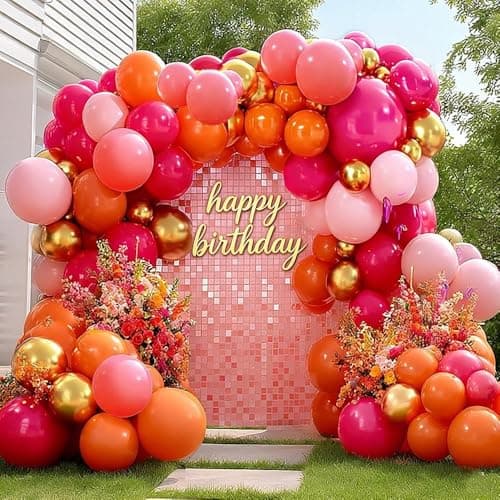 Pink Orange Balloon Garland, Double Stuffed Hot Pink Dark Magenta Balloon Arch Kit Metallic Gold Latex Balloons for Mother's Day Birthday Wedding Baby Shower Tropical Party Decorations - Image 1