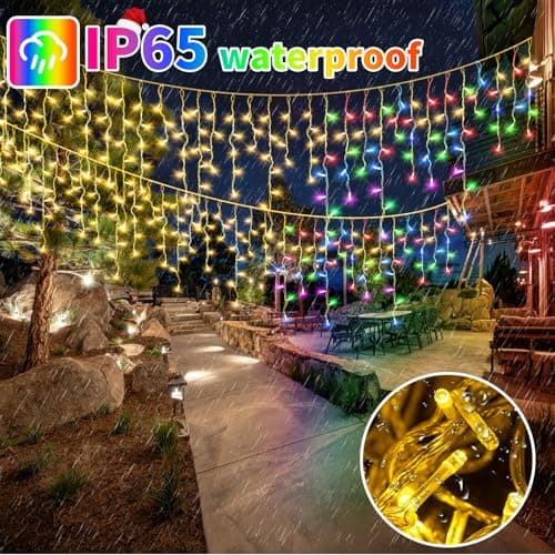 Solar Powered Icicle Lights Outdoor Christmas - 660LED 66+16FT Icicle String Lights with Remote, 8 Modes, Timer,IP65 Waterproof Rechargeable Battery for Porch, Roof, Xmas (Multicolor+Warm White) - Thumbnail 2