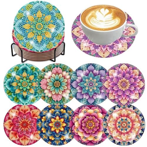 Diamond Painting Coasters Kit Mandala With Holder, DIY Mandala Diamond art Coasters Cork Wooden Pad Board Double Layer is Strong and Wear-Resistant for Beginners Adults Art Craft Supplies Gift 4X4IN - Image 1