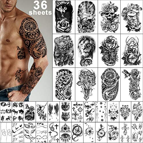 Yazhiji 36 Sheets Temporary Tattoos Stickers, 12 Sheets Fake Body Arm Chest Shoulder Tattoos for Men or Women with 24 PCS Tiny Black Tattoos - Image 1