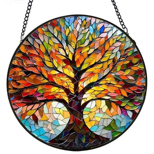 Stained Glass Window Hanging, Tree of Life Sun Catcher, Sun Catchers Indoor Window, Colorful Glass Panel,Suncatcher Room Decor,Gifts for Grandma Mom Wife,Aunt Birthday Gifts for Women 7.8in - Image 1