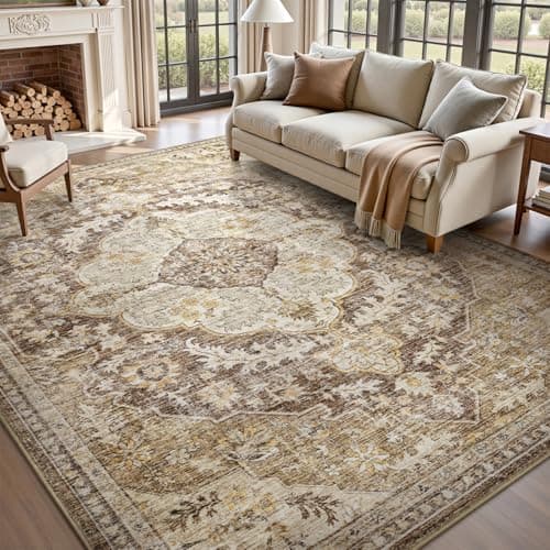 tchdio 5x7 Area Rugs for Living Room, Vintage Non Slip Washable Rug, Soft Low Pile Area Rug Large Floor Indoor Carpet for Bedroom, Dining Room, Office (Brown, 5'x7') - Image 1