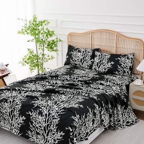 Spirit Linen home King Size Sheets Set - Pure Microfiber 4 Piece Polyester Bed Sheets, Fitted Sheet & Pillow Cases - King Sheets for All Seasons (Foliage Black/White, King) - Image 1