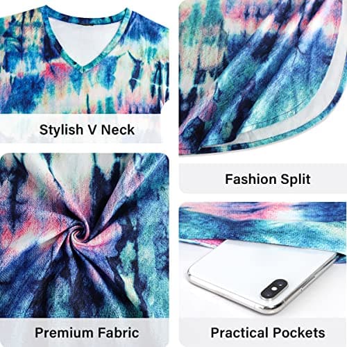 Arolina Women Summer Maxi Dress Short Sleeve V Neck Casual Loose Long Split Dresses Beach Vacation Sundress with Pockets Floral Blue - Thumbnail 5