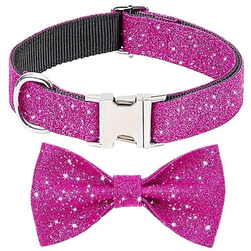 Jumpress Girl Dog Collar with Bow, Bling Female Bowtie Dog Collar for Puppy Small Dogs and Cats Daily Walking or Holiday Party (Hot Pink, Neck fit 9-12’’) - Image 1