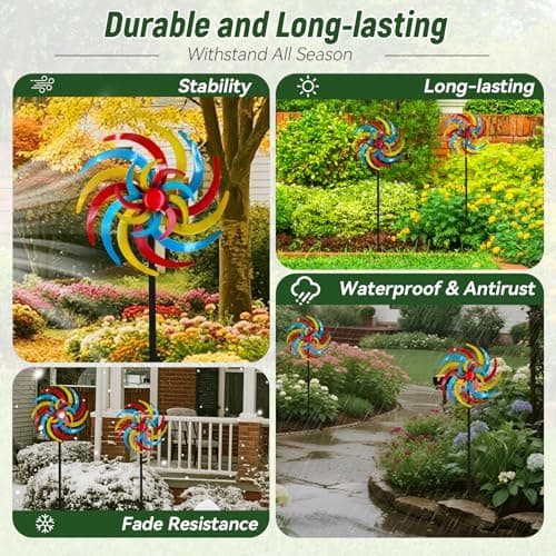 CBAXEAXM Colorful Kinetic Wind Spinner for Outdoor 13" W Metal Windmill Wind Sculptures with 5 Prong Stake, Easy to Rotate Metal Yard Art for Garden Patio Lawn Backyard Decor - Thumbnail 4