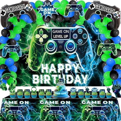 Video Game Party Decorations Set – Gamer Birthday Supplies with Backdrop, Table Cover, Hanging Swirls, Cake Toppers, Foil Balloons for Boys & Kids - Image 1