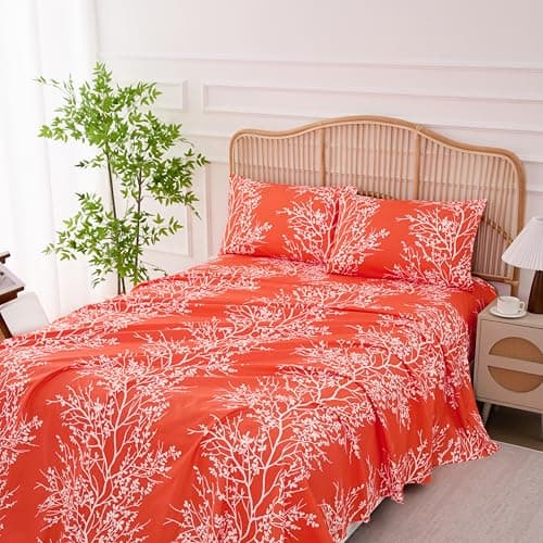 Spirit Linen home Full Size Sheets Set - Pure Microfiber 4 Piece Polyester Bed Sheets, Fitted Sheet & Pillow Cases - Full Sheets for All Seasons (Foliage Coral/White, Full) - Image 1