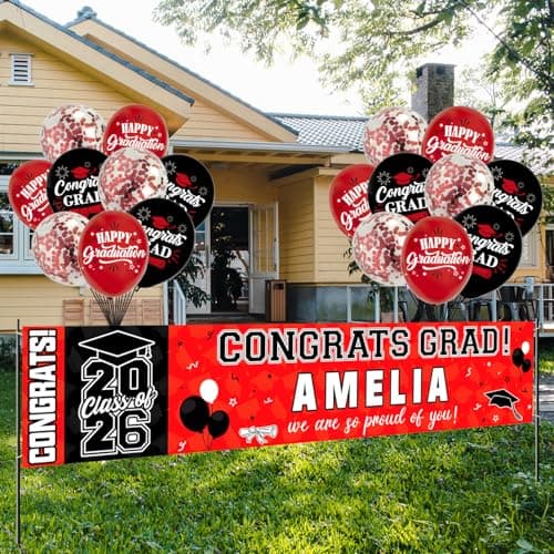 NUTTYBASH Graduation Party Decorations, Red Personalized Class of 2026 Graduation Banner with 78 Alphabet Stickers and Balloons, Congrats Banner for College High School Party Supplies