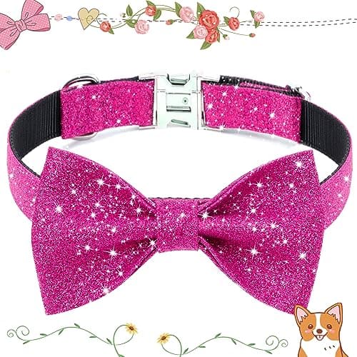 Jumpress Girl Dog Collar with Bow, Bling Female Bowtie Dog Collar for Small Medium Dogs Daily Walking or Holiday Party (Hot Pink, Neck fit 13-19’’) - Thumbnail 2