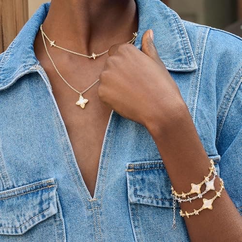 Cicy Bell Womens Bracelets 18k Gold Plated White Shell Cubic Zirconia Square Cross Adjustable Chain Link Bracelets 6.69" with 2" Extender - Thumbnail 4