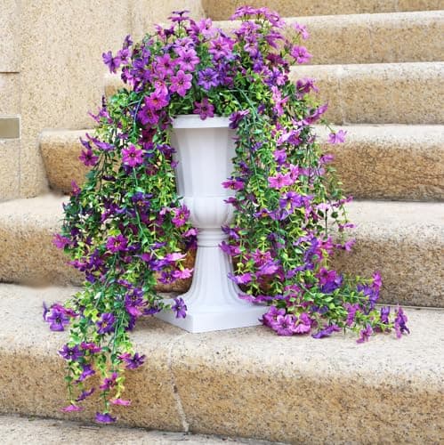 Obmnor Artificial Hanging Flowers for Outdoors, 4 Pack Fake Hanging Plant for Spring Summer Decor, UV Resistant Faux Silk Flower for Planter Front Door Porch Patio Yard Garden (Double Purple) - Thumbnail 5