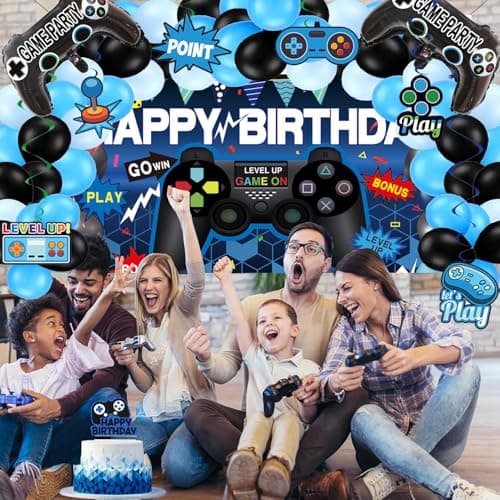 Video Game Party Decorations Set – 75PCS Gamer Birthday Supplies with Gaming ON Backdrop, Table Cover, Hanging Swirls, Cake Toppers, Foil Balloons for Boys & Kids - Thumbnail 5